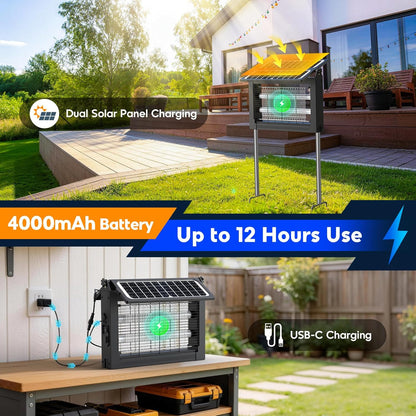 Solar Bug Zapper Outdoor, 4500V Electric Mosquito Zapper with Dual Solar Panels & USB Charging, Auto On/Off Mosquito Killer, IPX5 Waterproof Fly Trap for Backyard Patio Garden Camping, 2100 Sq Ft