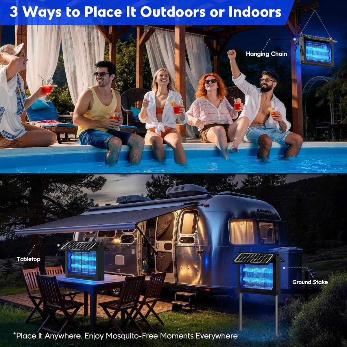 Solar Bug Zapper Outdoor, 4500V Electric Mosquito Zapper with Dual Solar Panels & USB Charging, Auto On/Off Mosquito Killer, IPX5 Waterproof Fly Trap for Backyard Patio Garden Camping, 2100 Sq Ft