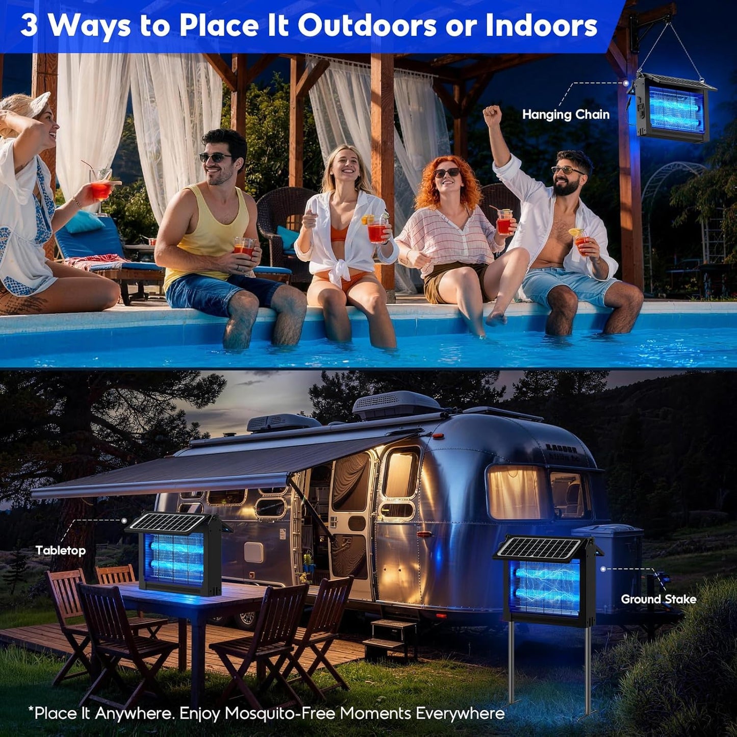 Solar Bug Zapper Outdoor, 4500V Electric Mosquito Zapper with Dual Solar Panels & USB Charging, Auto On/Off Mosquito Killer, IPX5 Waterproof Fly Trap for Backyard Patio Garden Camping, 2100 Sq Ft