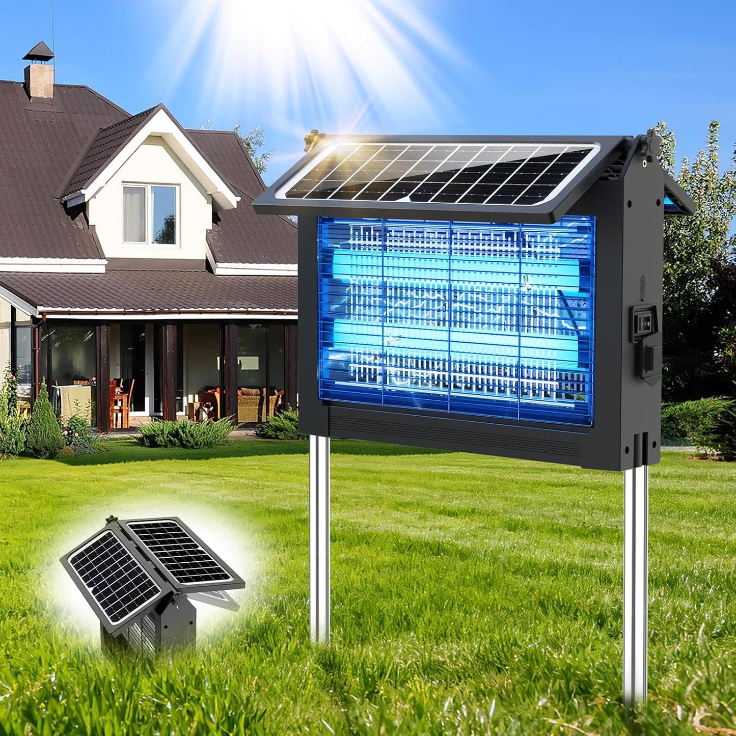 Solar Bug Zapper Outdoor, 4500V Electric Mosquito Zapper with Dual Solar Panels & USB Charging, Auto On/Off Mosquito Killer, IPX5 Waterproof Fly Trap for Backyard Patio Garden Camping, 2100 Sq Ft